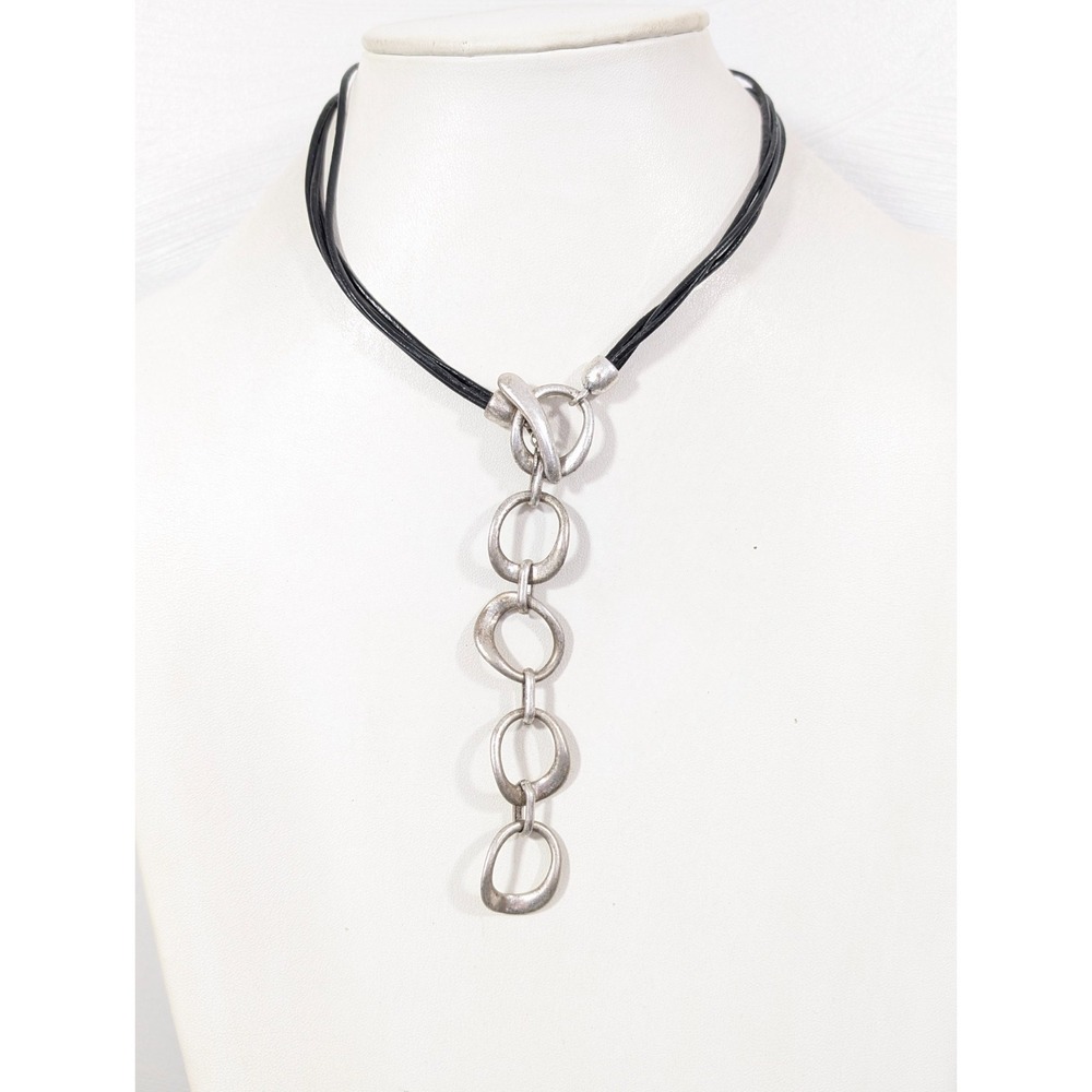 Black Cord Necklace with Silver Link Pendant